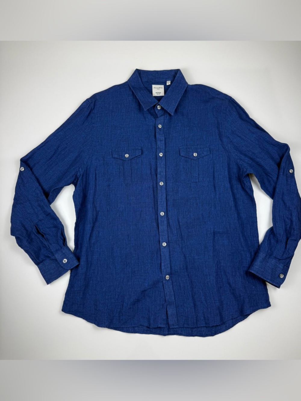 Murano Baird McNutt Linen Shirt Mens XL Navy Blue Slim Fit Long Roll Tab Sleeve